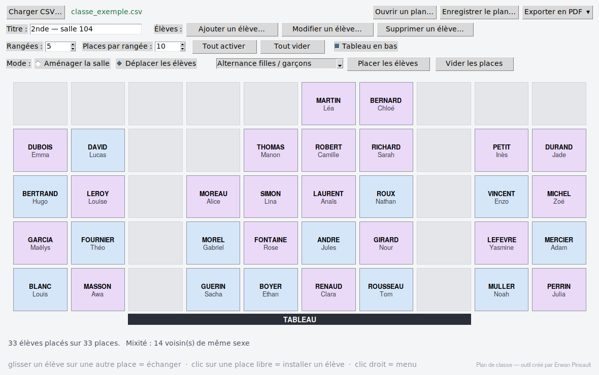 Fenêtre du logiciel Plan de classe : une salle de 33 places réparties en trois îlots séparés par deux allées, chaque place portant le nom d'un élève, et la barre du tableau en bas.